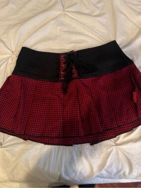 Tripp NYC Red Plaid Mini Skirt with Black Lace-Up Waist